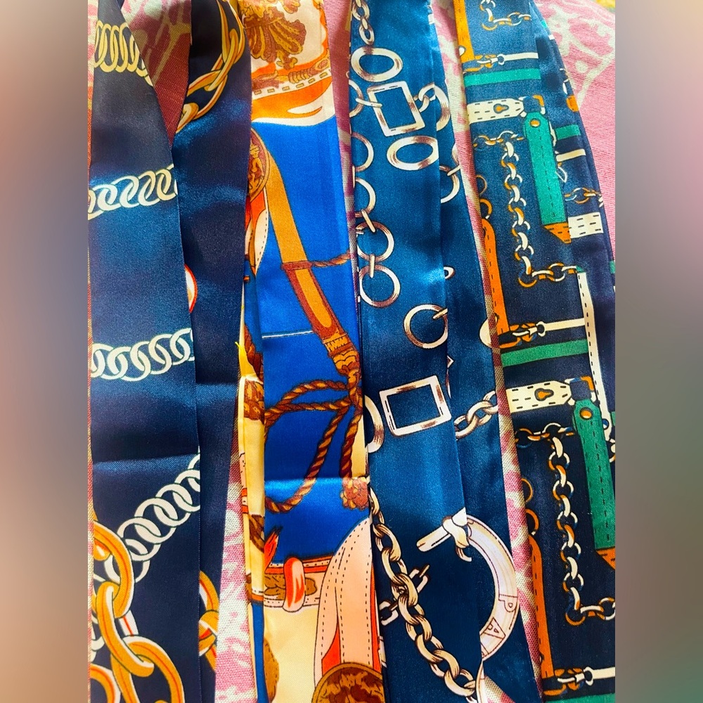 Four beautiful silky twillys in beauteous blue patterns. Brand new!